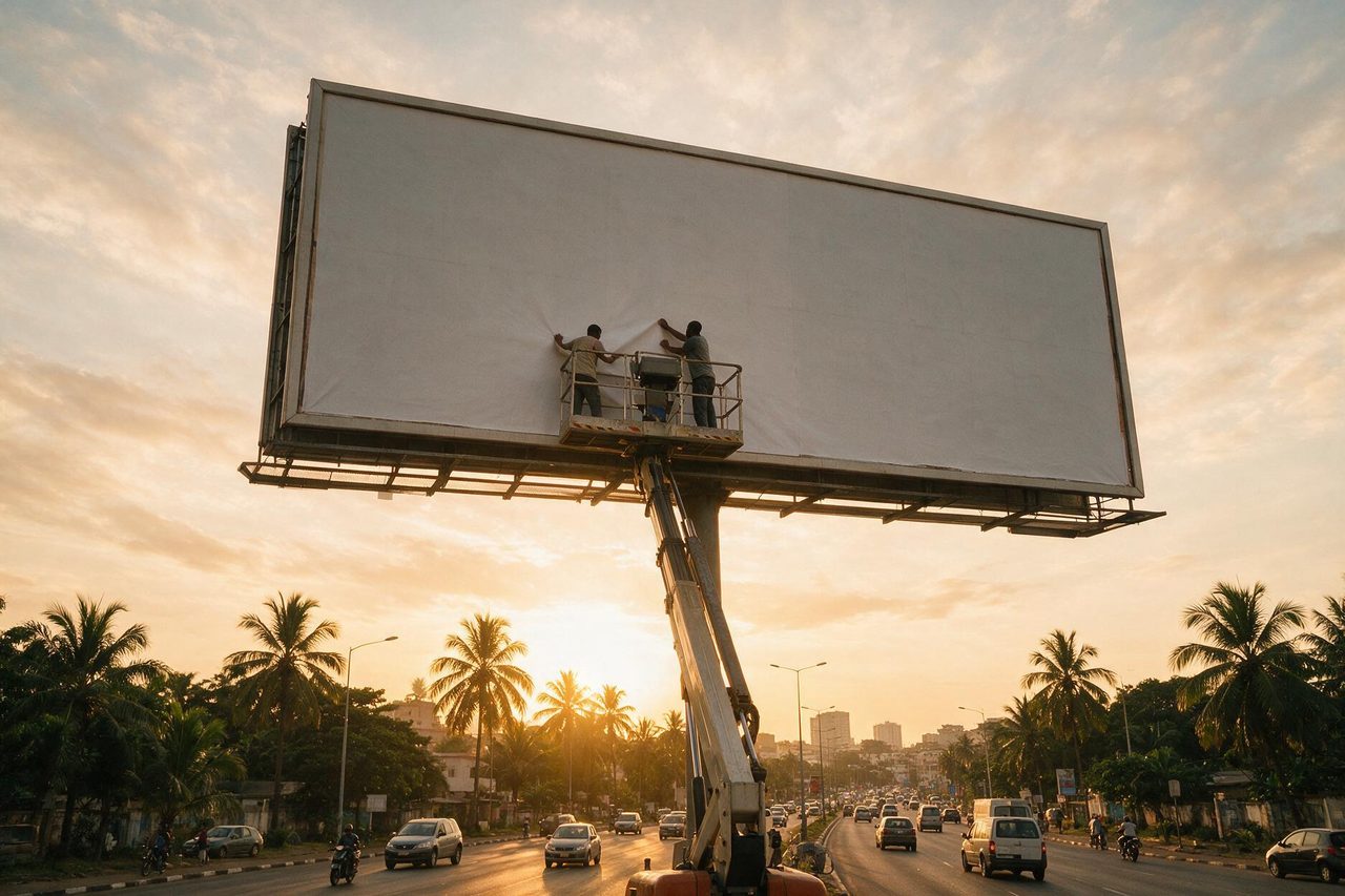 Pose d’une affiche sur un panneau au-dessus d’un boulevard d’Abidjan, au coucher du soleil.