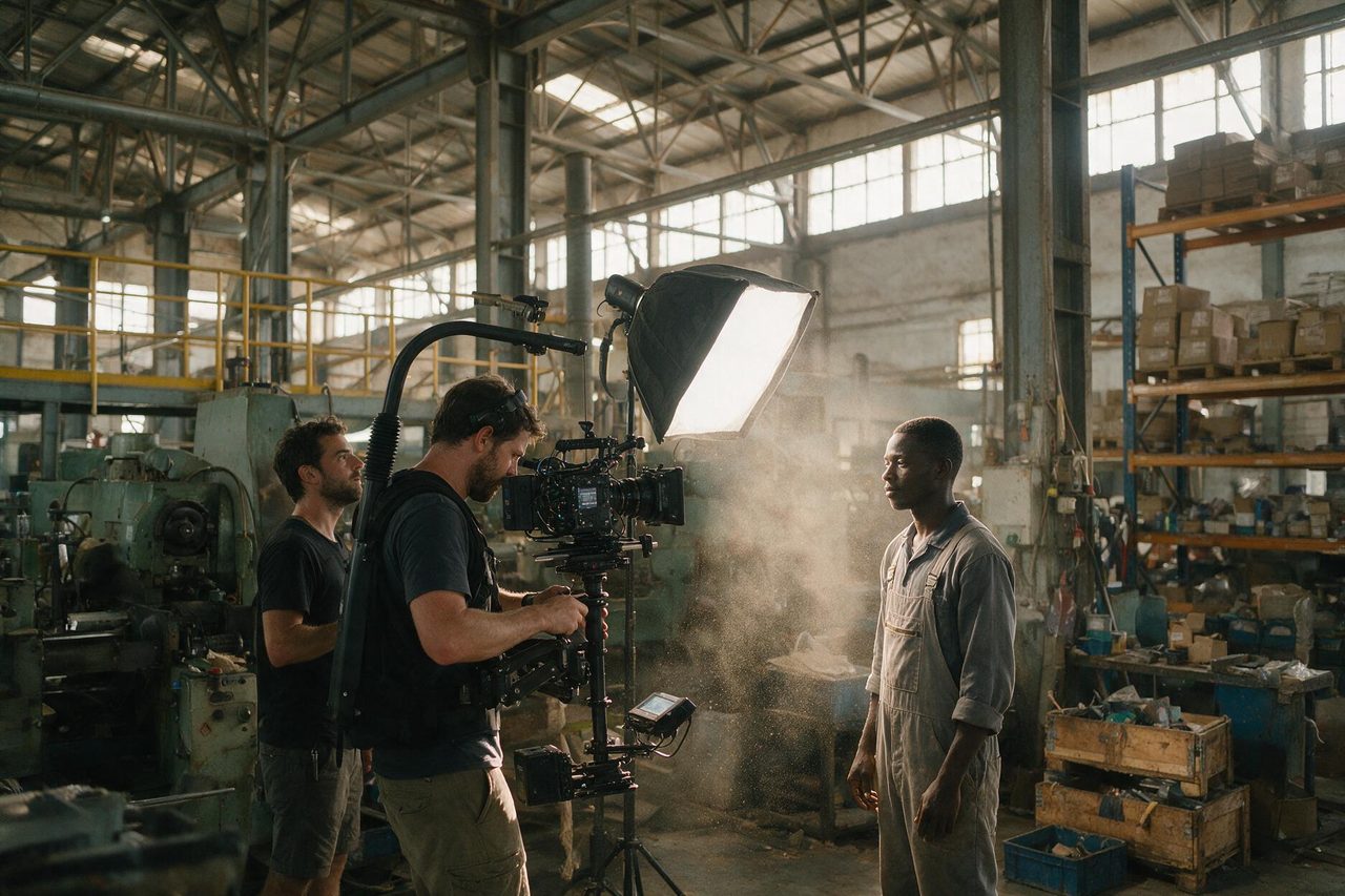 Tournage d’un portrait dans une usine ouest-africaine, caméra sur stabilisateur.
