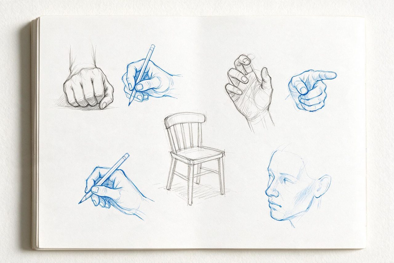 Page de carnet couverte d’études rapides au crayon et à l’encre bleue.