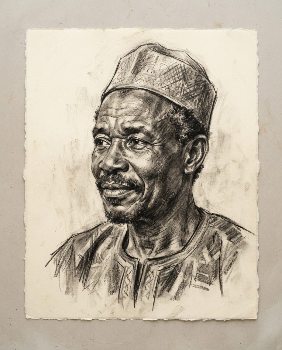 Portrait au fusain d’un homme âgé, de trois quarts.