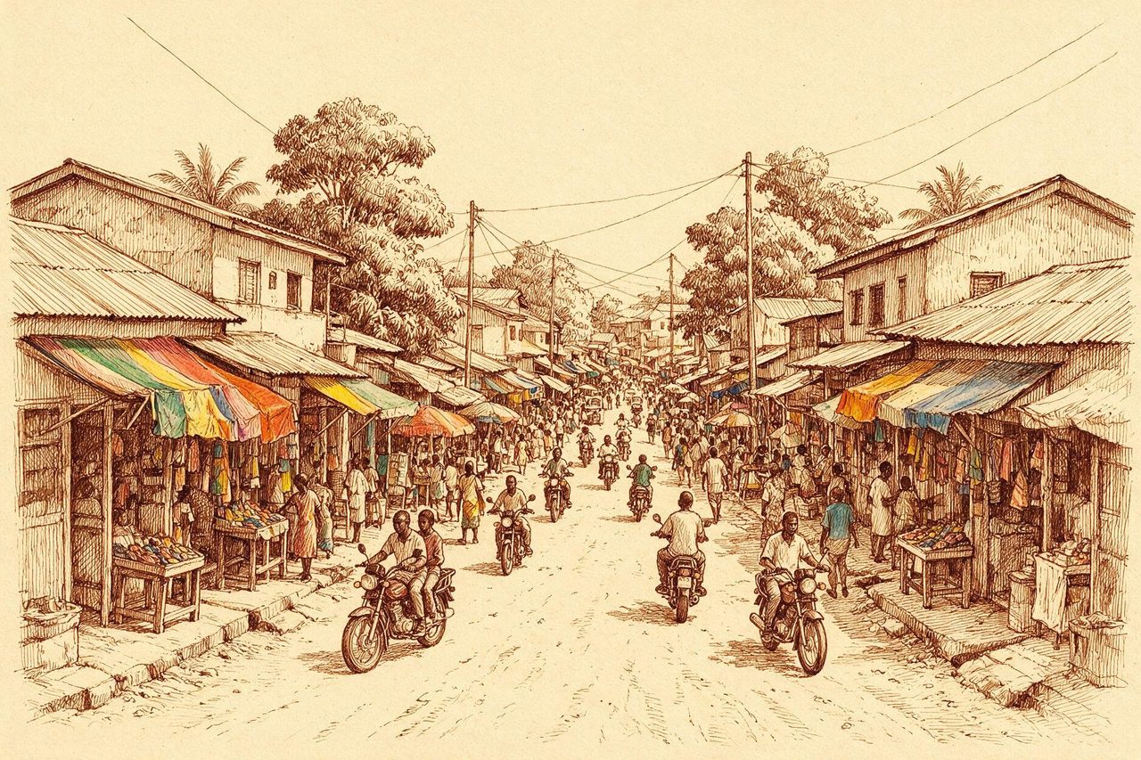 Dessin à l’encre d’une rue d’Abidjan, auvents et motos.