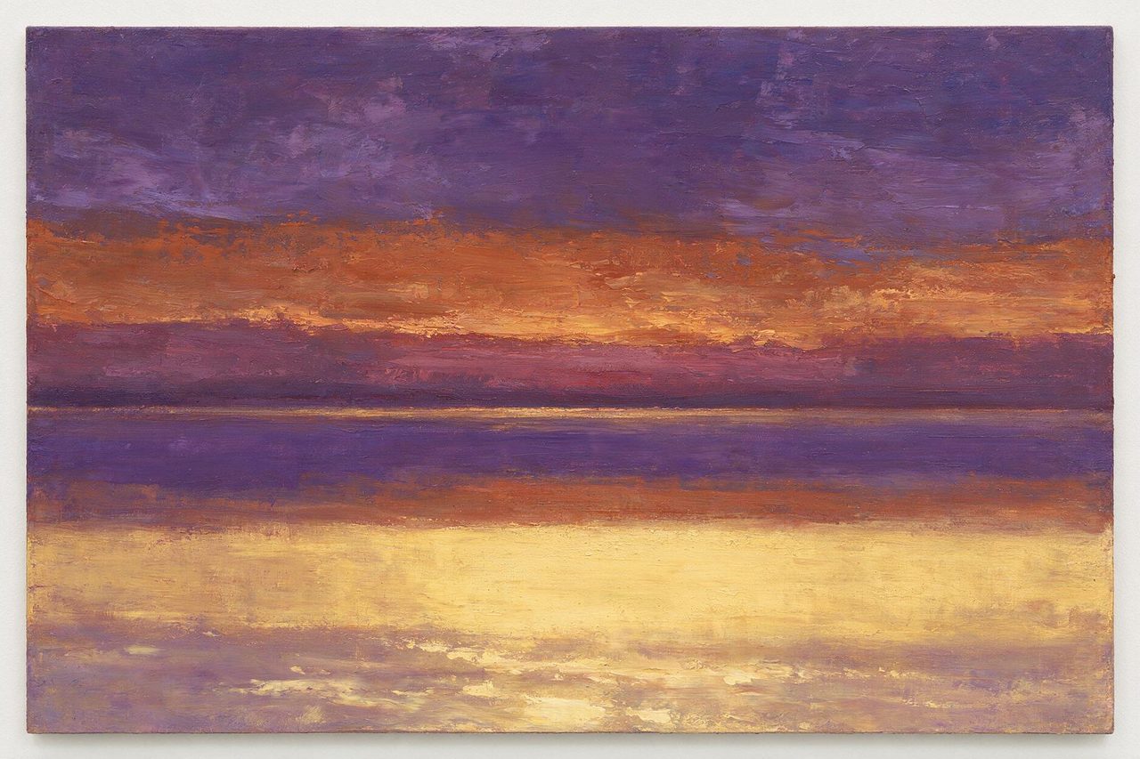Bandes horizontales violettes, rouille et or, matière au couteau.