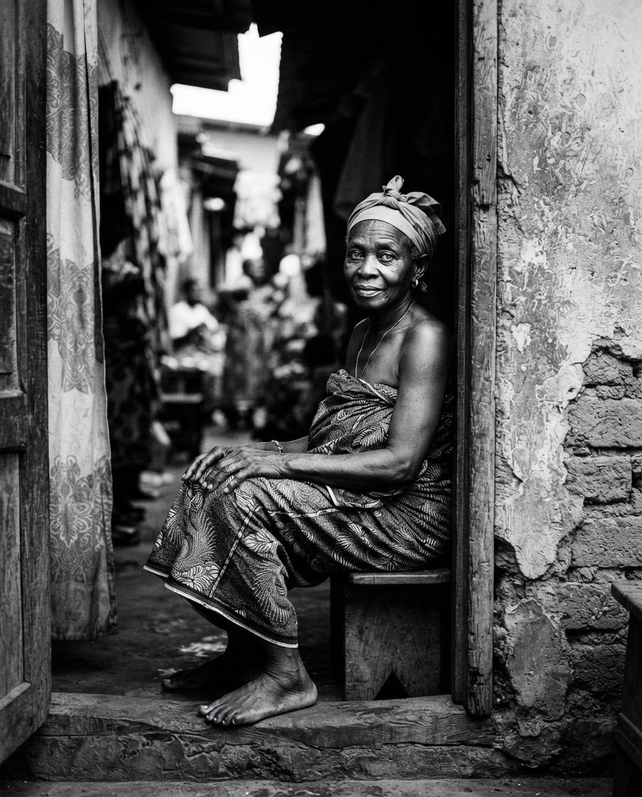 Photographie en noir et blanc d’une femme assise dans l’encadrement d’une porte.