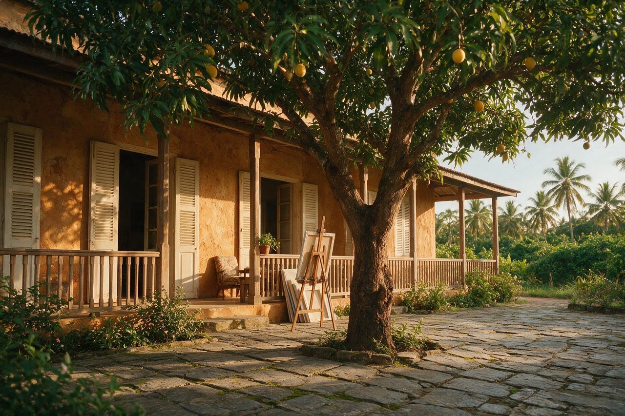 Véranda d’une maison coloniale restaurée à Grand-Bassam, chevalet et toiles à l’ombre d’un manguier.