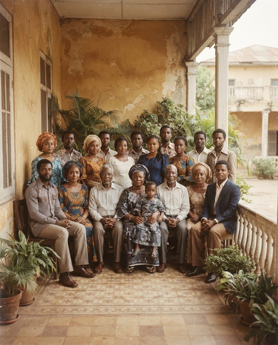 La famille Ayenon sur la véranda de la maison de Bouaké, années 1970.