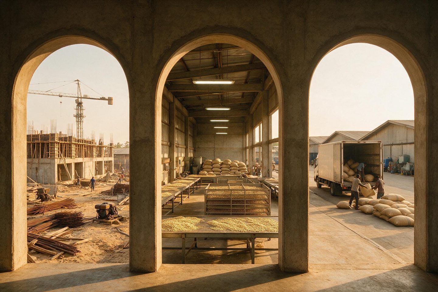 Les trois métiers du groupe vus par les arches d’un même bâtiment.