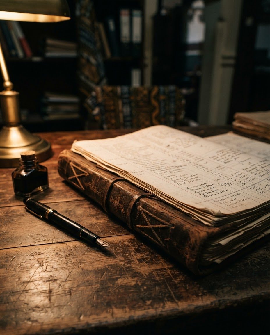 Le livre de comptes tenu à la main, et le stylo qui l’a tenu.